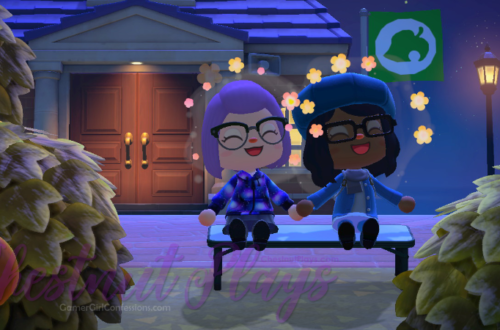 Chestnut's ACNH character sits on a bench with their best friend with the joy emoji