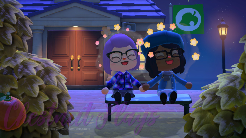 Chestnut's ACNH character sits on a bench with their best friend with the joy emoji