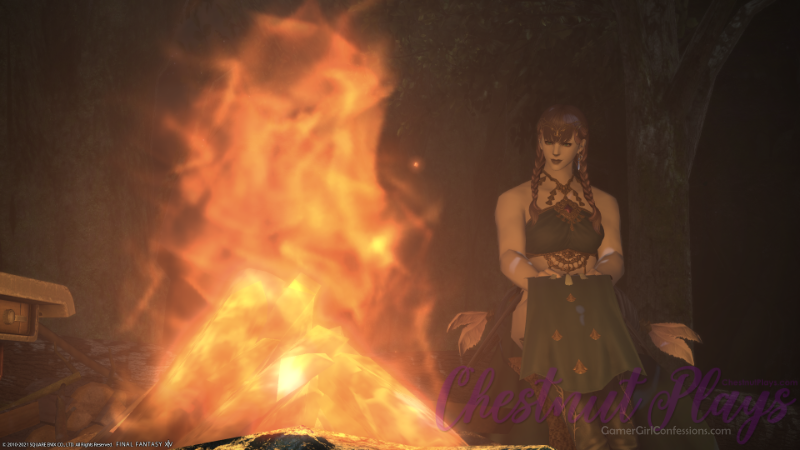 Chestnut's character sitting in front of a fire contemplating FFXIV Endwalker